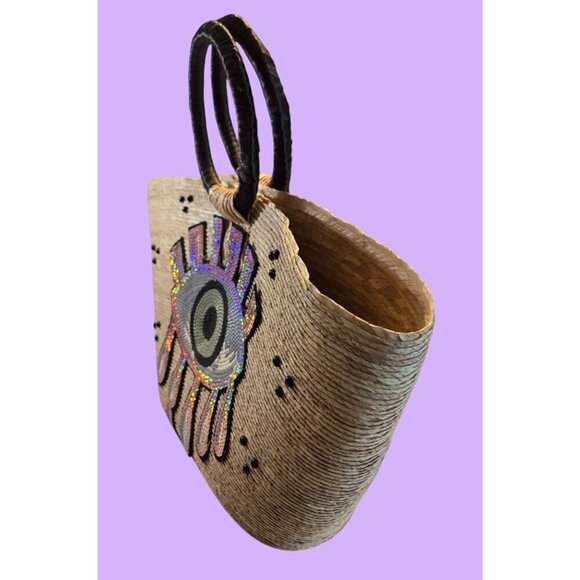 Vintage Handcrafted Straw "Evil Eye" Purple Sequin Beach Tote Purs - Picture 13 of 16